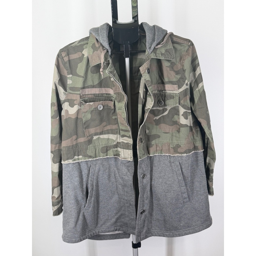 Peyton Jensen Camo Mixed Media Hooded Utility Jacket XL Green Gray Camouflage
